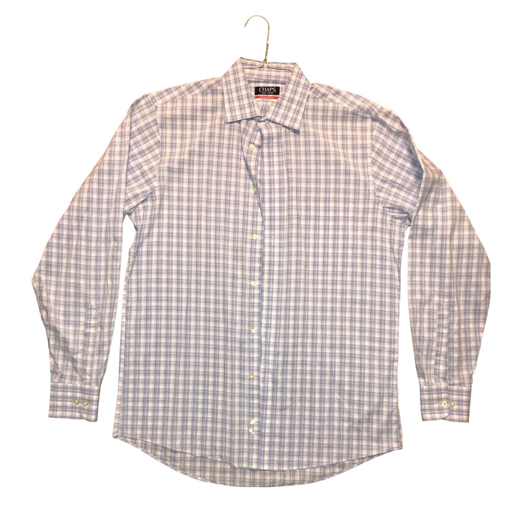 Chaps Regular Fit Comfort Stretch Plaid Button M 15.5 Business Casual Classic‎